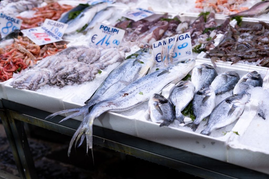 Market stall in Naples featuring fresh seafood like fish and octopus on ice.